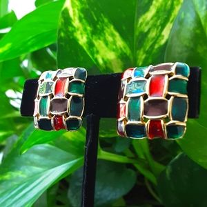 Gold-Tone Multicolor Enamel Square Hoop Earrings — Green, Red & Teal